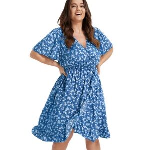 BloomChic Ditsy Floral Blue White Ruffle Wrap Style Flutter Sleeve Mini Dress